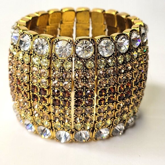 Shimmering Clear Rhinestone Sparkly Gold Tone Formal Thick Bracelet - Picture 2 of 13